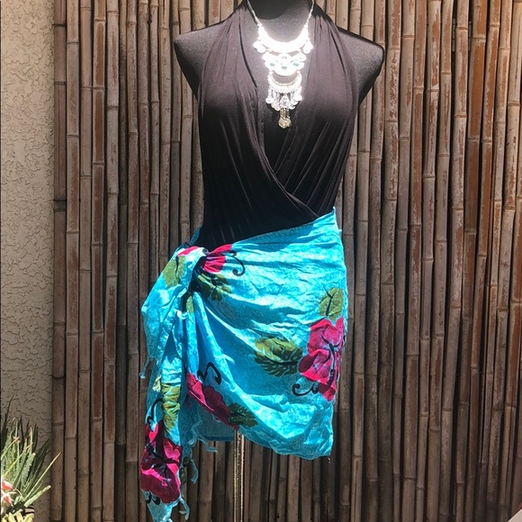 Other - Teal Blue Pink Tropical Hibiscus Sarong Swim Cover